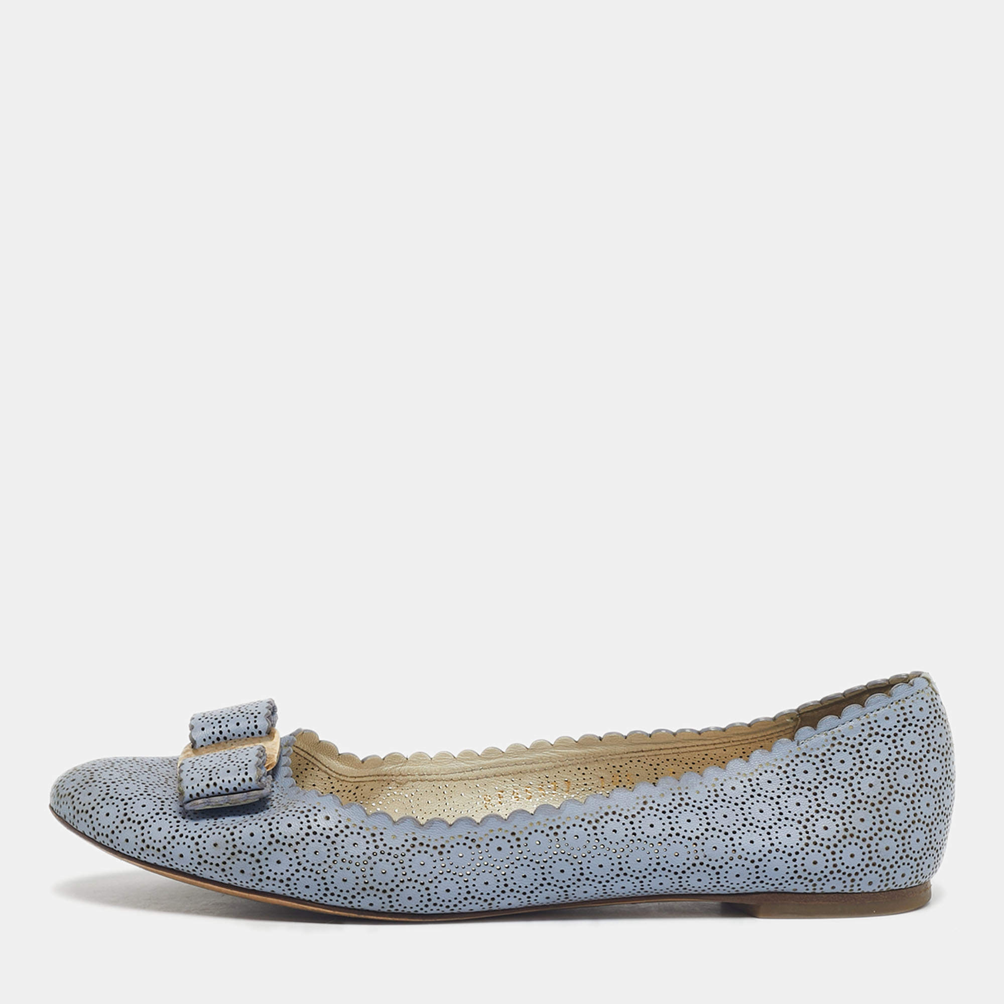 Pre Owned Salvatore Ferragamo Light Blue Laser Cut Leather Varina Ballet Flats Size 37.5