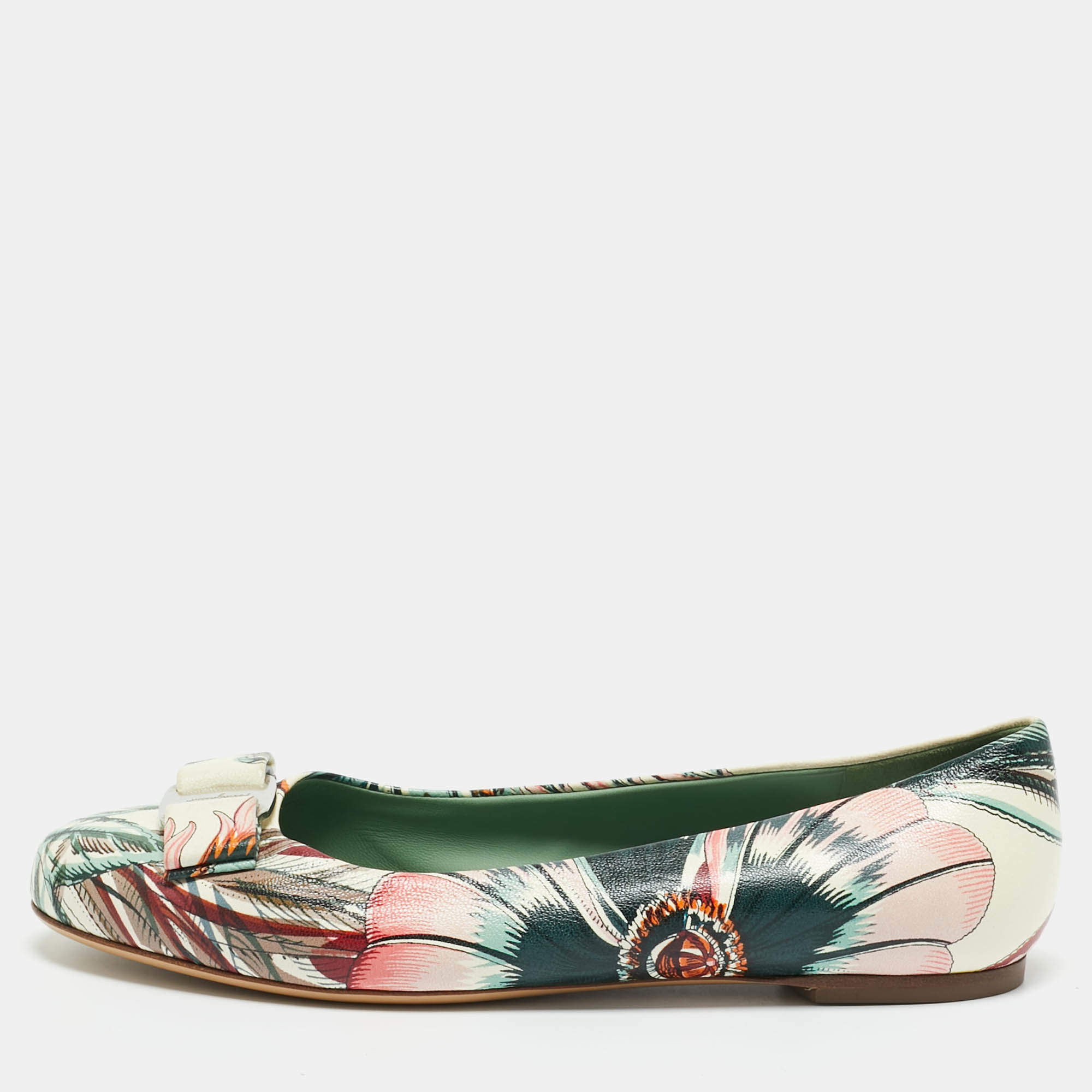 Pre Owned Salvatore Ferragamo Multicolor Leather Bow Ballet Flats Size 37.5
