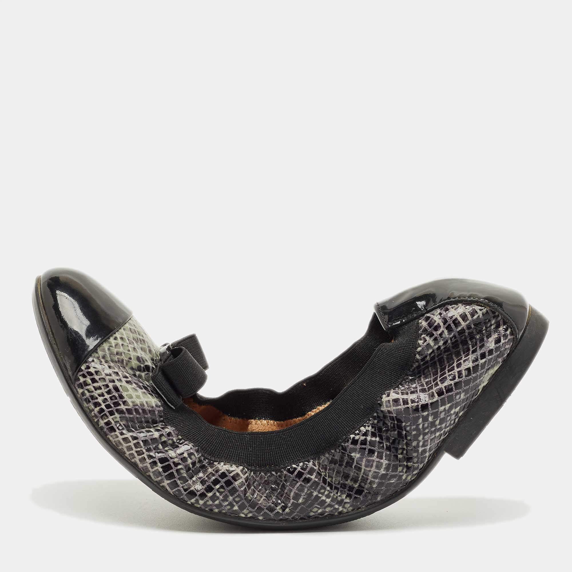 Pre Owned Salvatore Ferragamo Black Patent and Snake Embossed My Joy Scrunch Ballet Flats Size 40