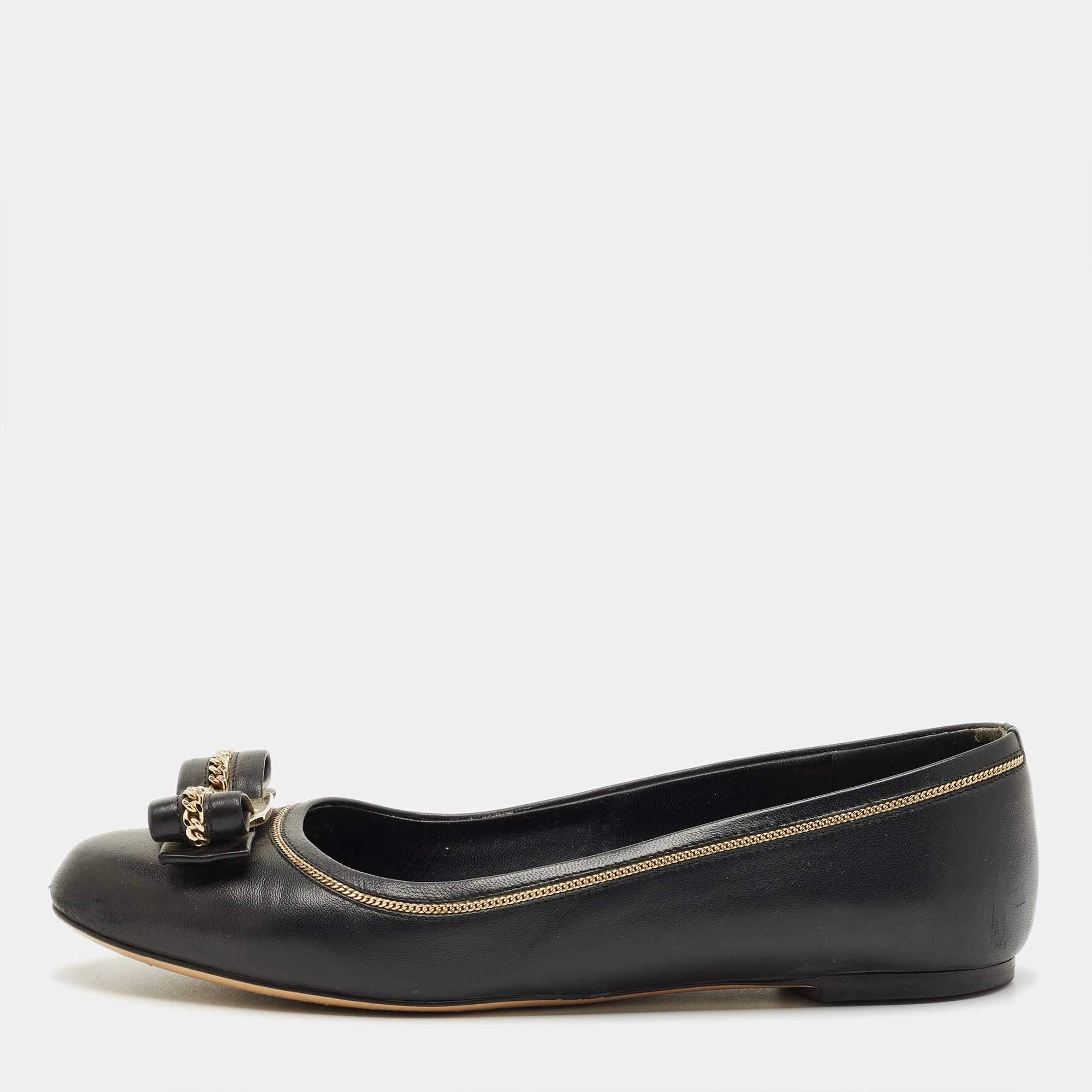 Pre Owned Salvatore Ferragamo Black Leather Varina Ballet Flats Size 37.5