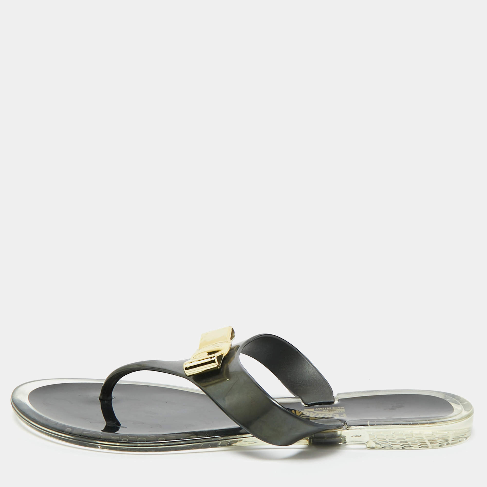 Pre Owned Salvatore Ferragamo Black Jelly Vara Bow Thong Flat Sandals Size 38.5