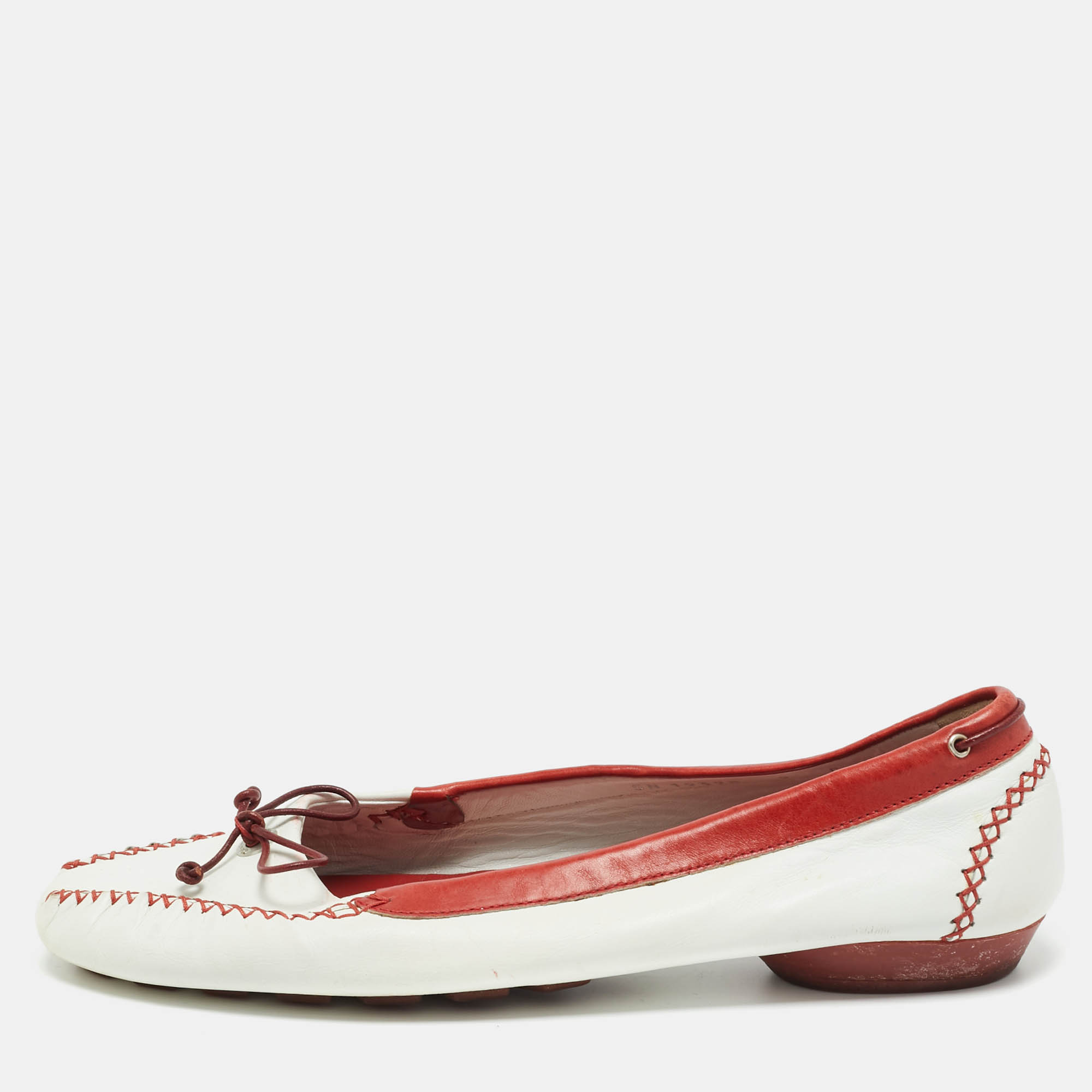 Pre Owned Salvatore Ferragamo White/Red Leather  Bow Smoking Slippers Size 39.5