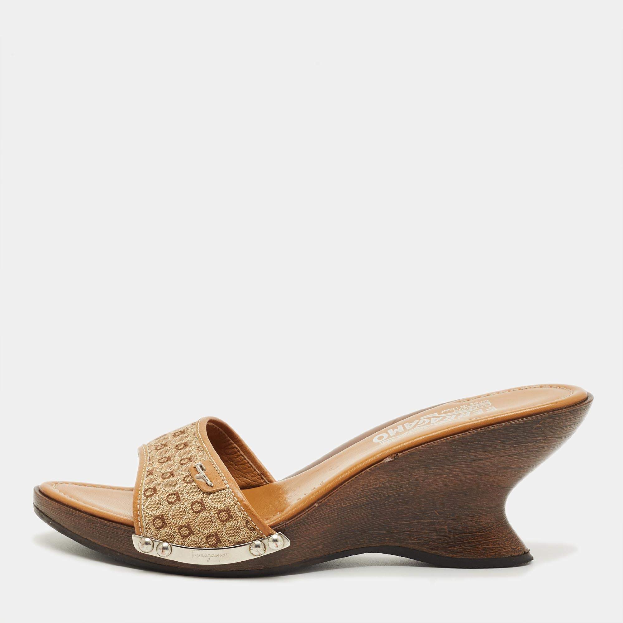 Pre Owned Salvatore Ferragamo Brown Canvas and Leather Wedge Sandals Size 38