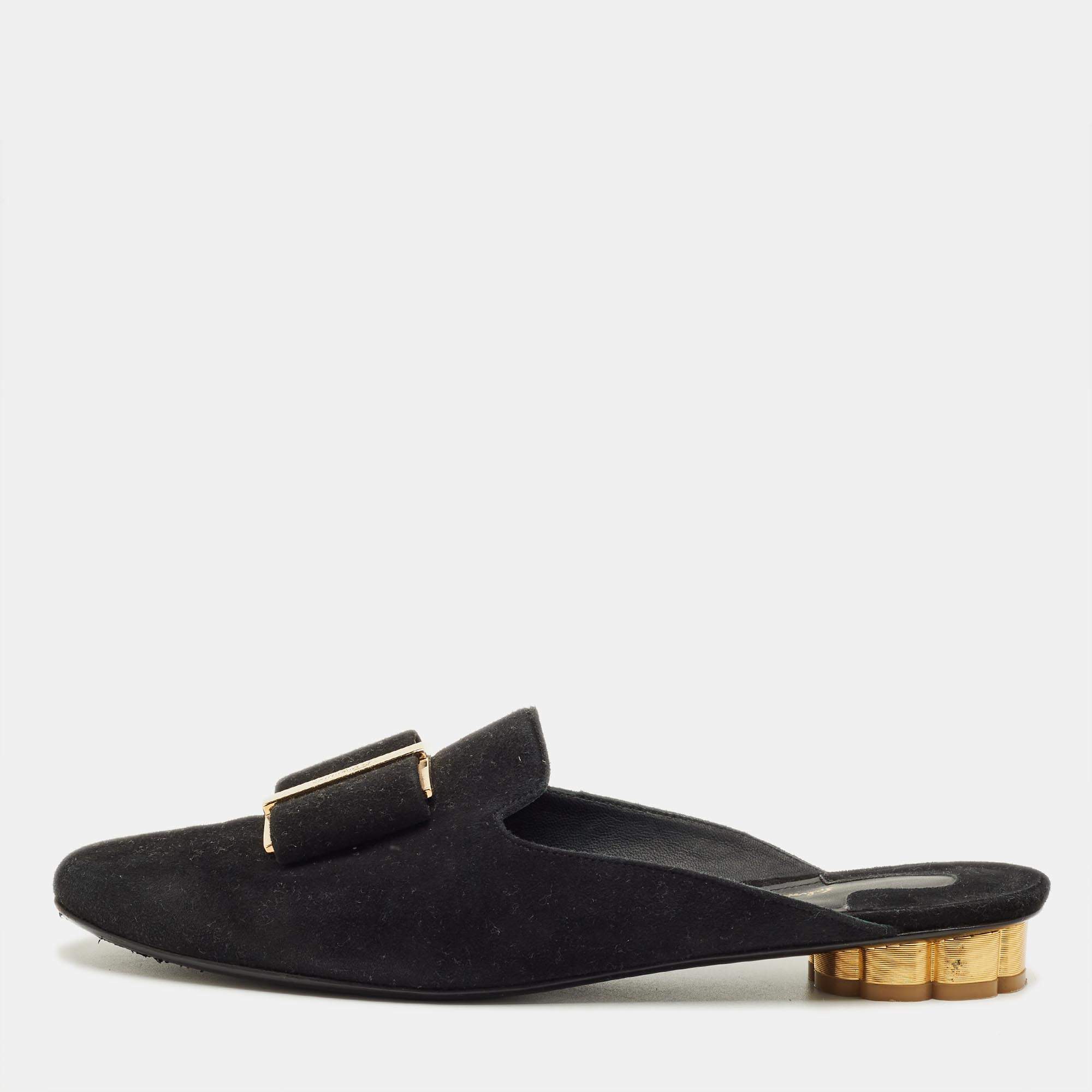 Pre Owned Salvatore Ferragamo Black Suede Vara Bow Mules Size 38