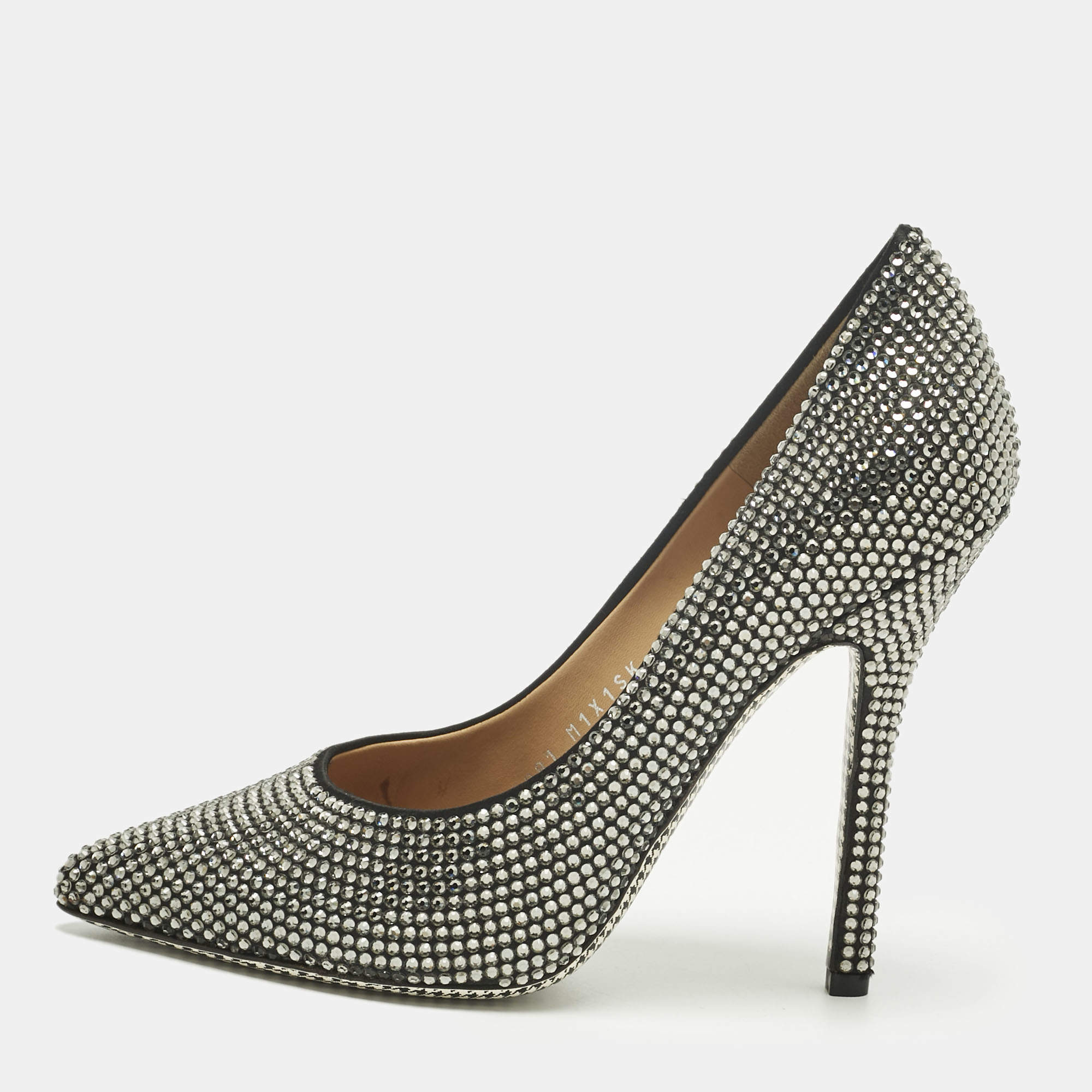 Pre Owned Salvatore Ferragamo Silver Satin Crystal Embellished Pointed Toe Pumps Size 37.5