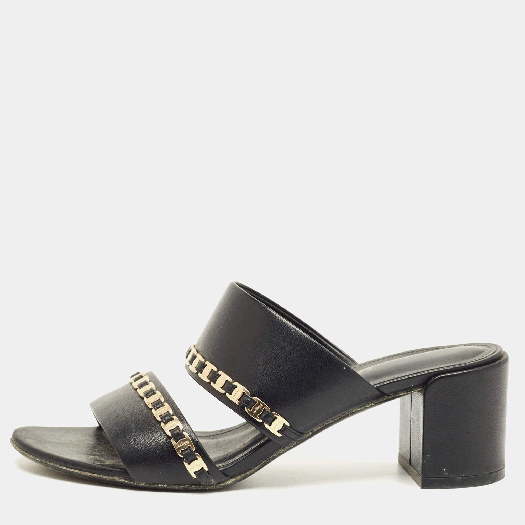 Pre Owned Salvatore Ferragamo Black Leather Trabia Chain Block Heel Slide Sandals Size 37