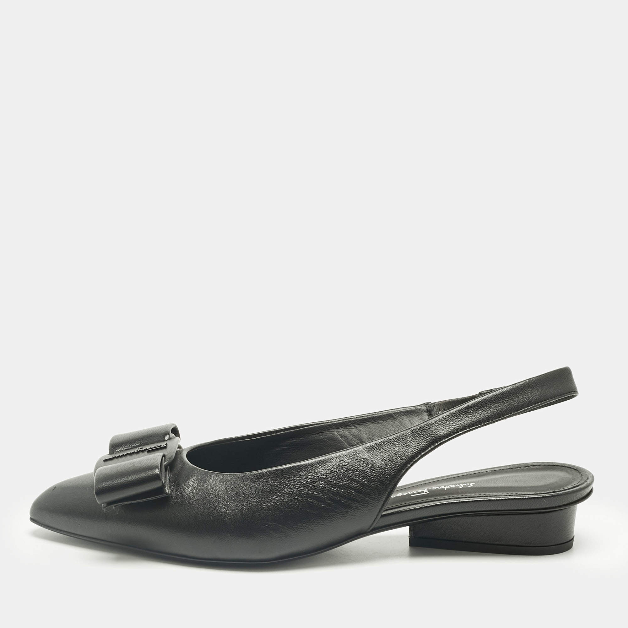 Pre Owned Salvatore Ferragamo Black Leather Viva Slingback Flats Size 38