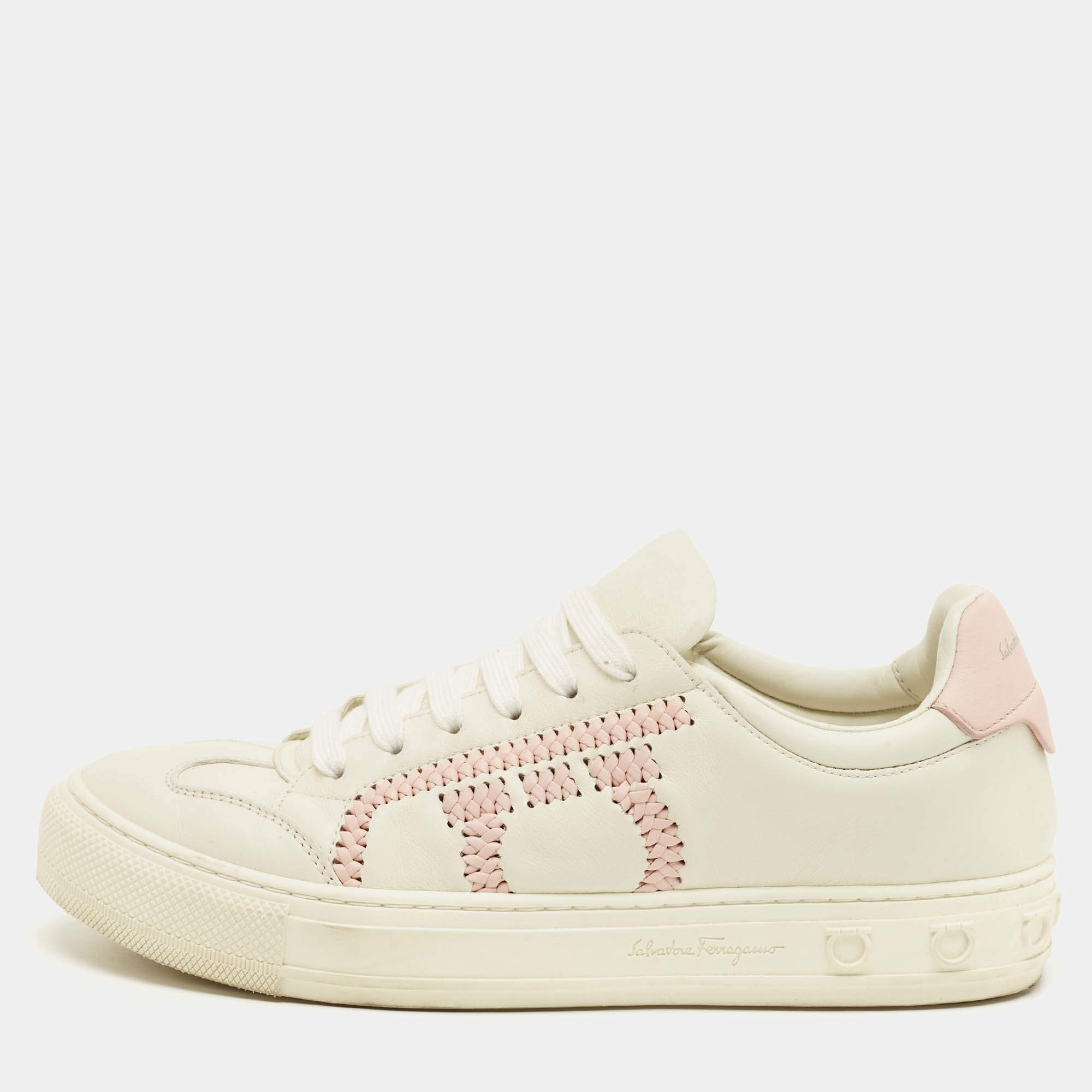 Pre Owned Salvatore Ferragamo Pink/White Leather Pedros Gancini Lace Up Sneakers Size 39.5