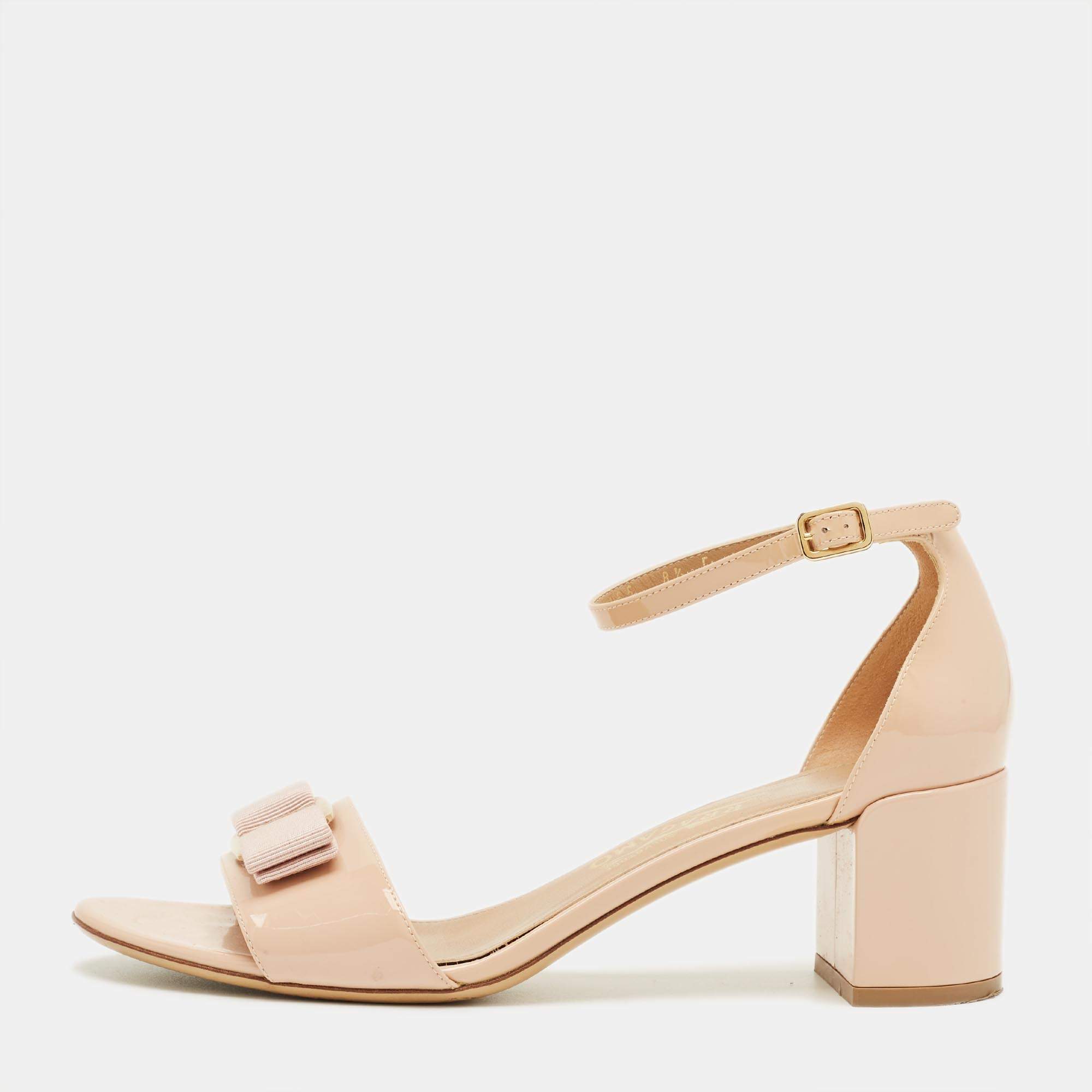 Pre Owned Salvatore Ferragamo Beige Patent Leather Vara Bow Ankle Strap Sandals Size 39