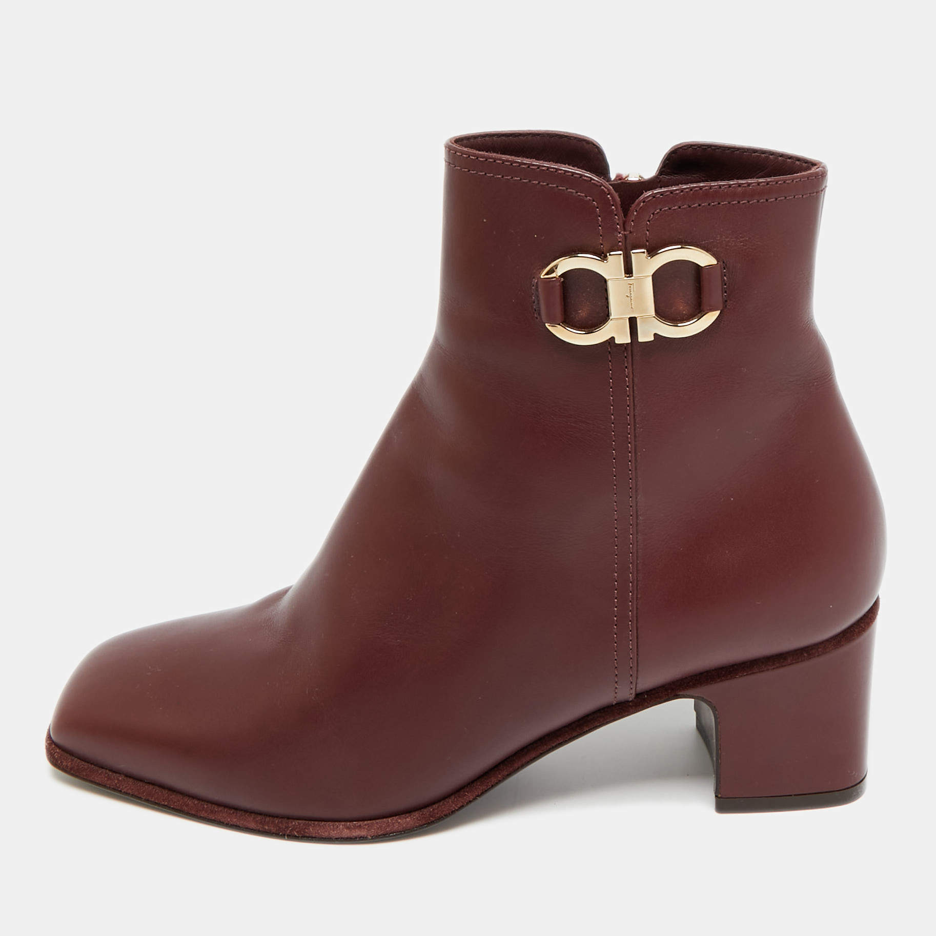 Pre Owned Salvatore Ferragamo Gancini  Burgundy Leather Ankle Length Boots Size 36.5