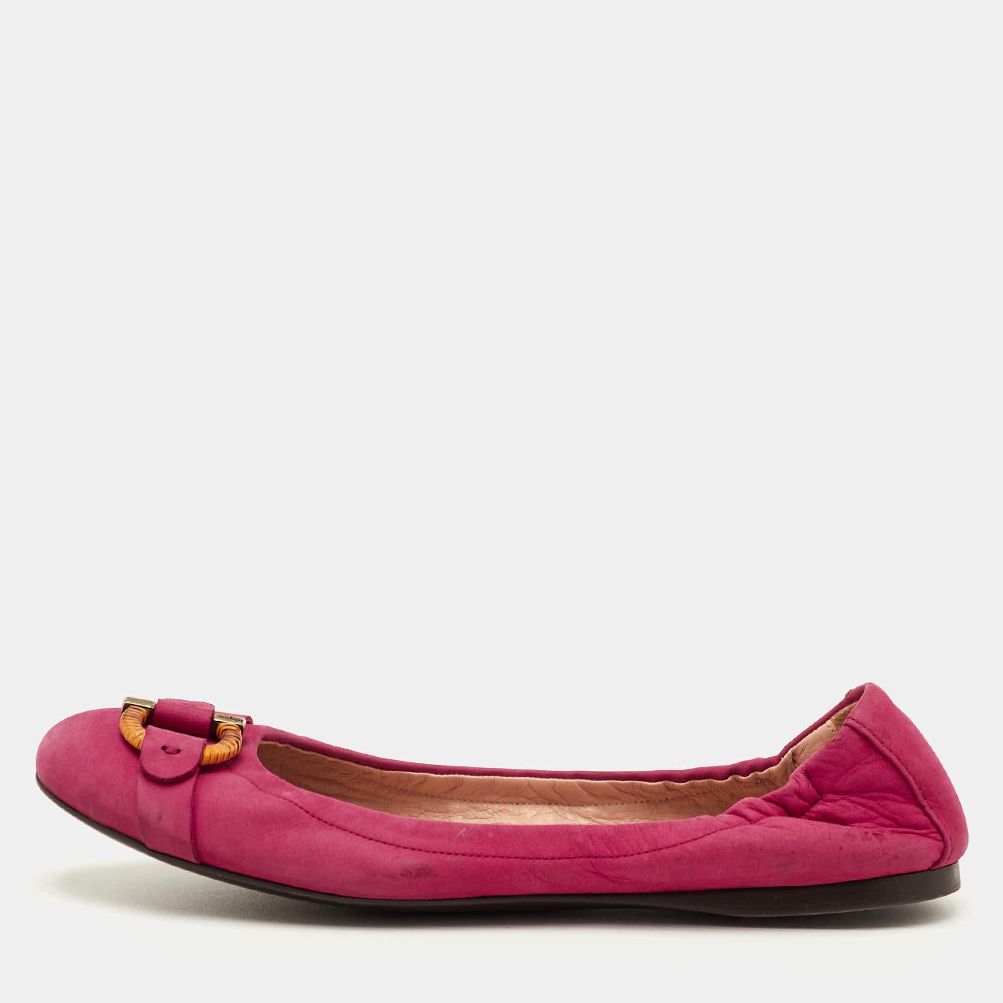 Pre Owned Salvatore Ferragamo Gancini Size 38.5 Pink Nubuck Leather Scrunch Ballet Flats