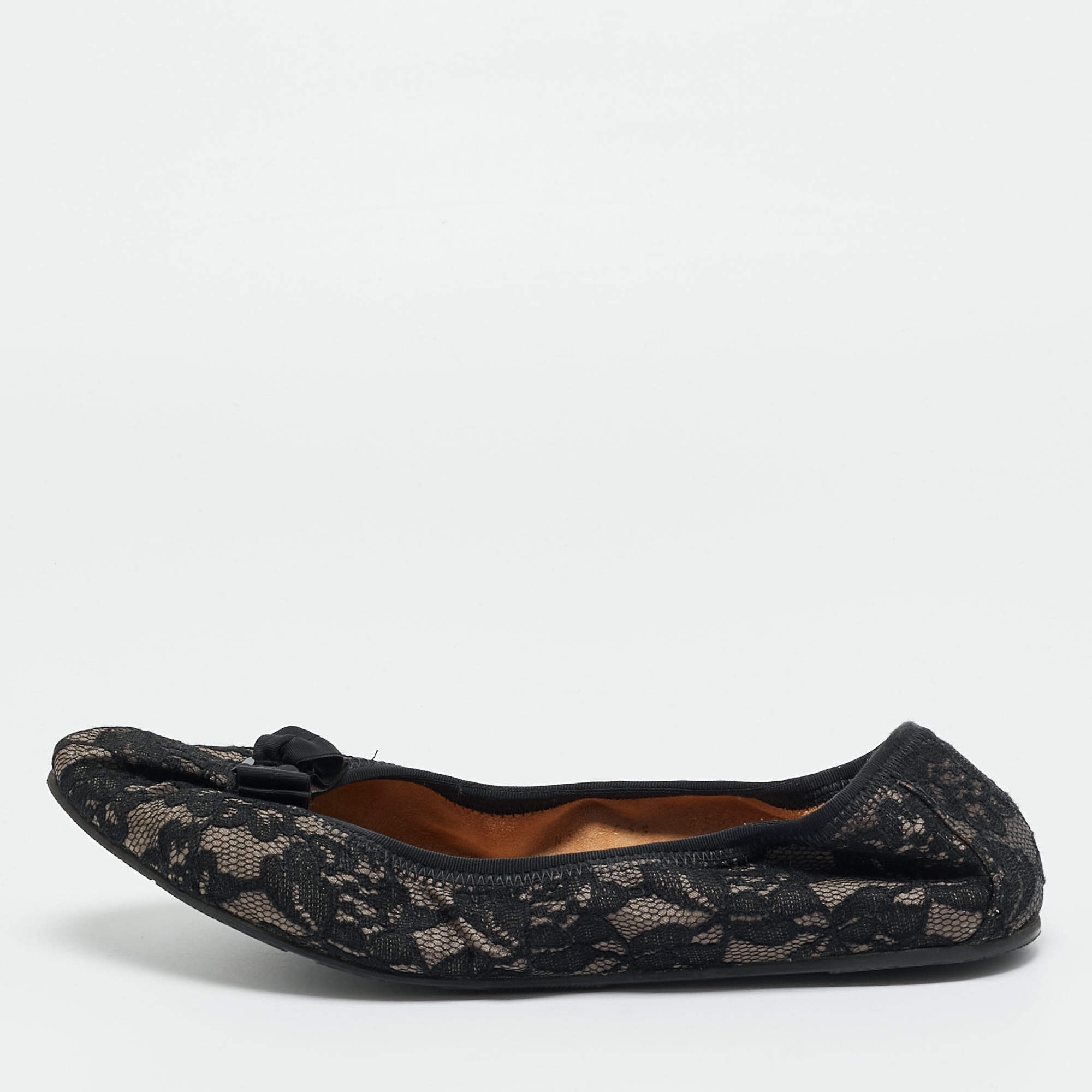 Pre Owned Salvatore Ferragamo My Joy Size 39.5 Black Lace Bow Detail Ballet Flats