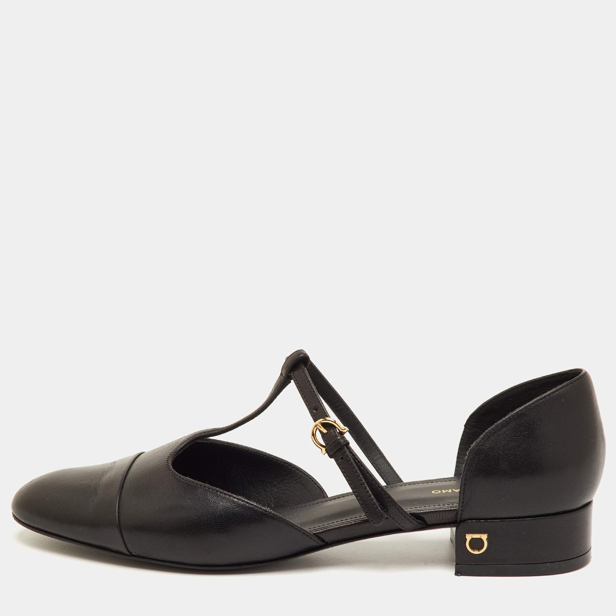 مملوكة مسبقًا حذاء باليرينا فلات سالفاتوري فيراغامو جلد أسود بحزام على شكل حرف T مقاس 39.5