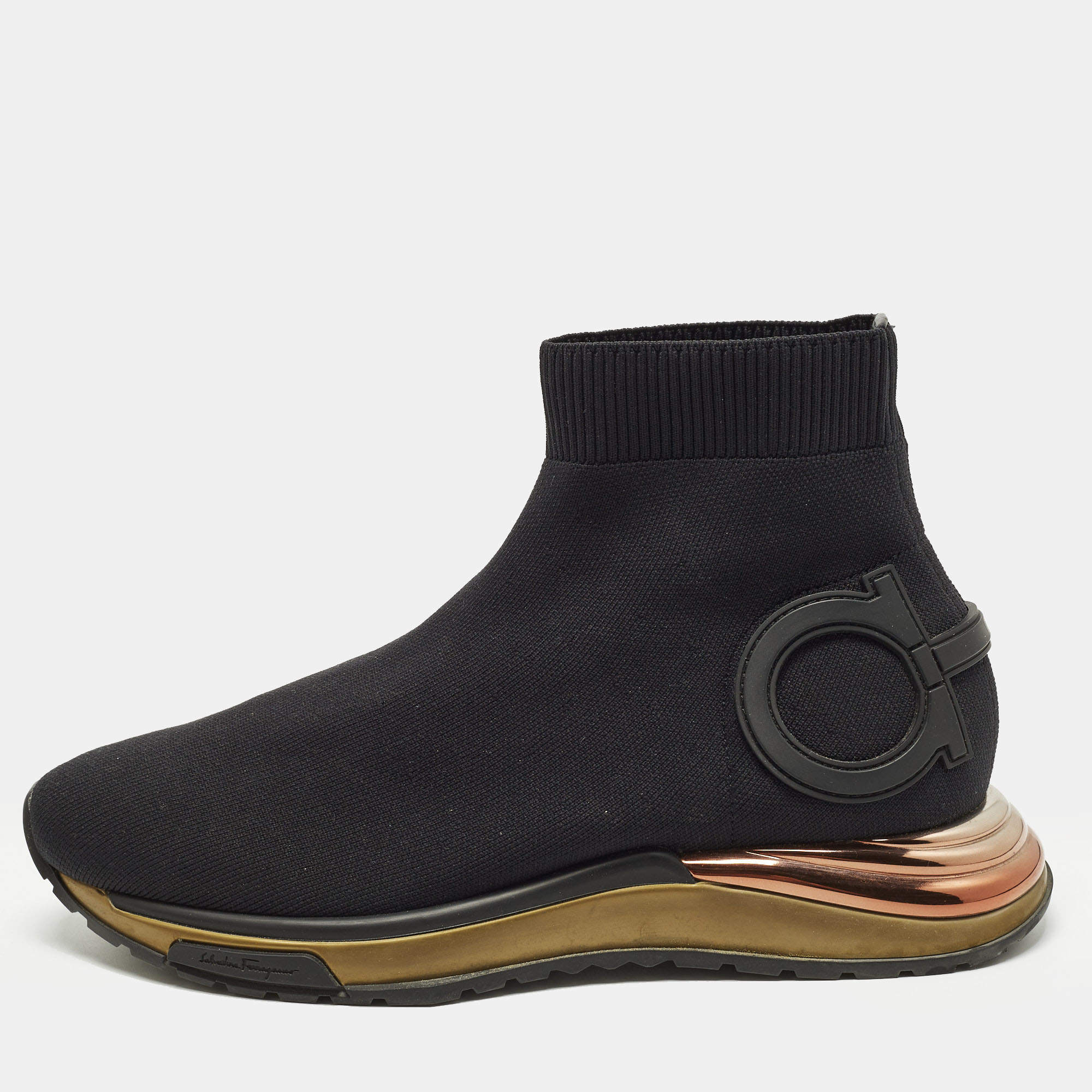 مملوكة مسبقًا Salvatore Ferragamo Gardena Size 38.5 Black Knit Fabric and Leather High Top Sneakers