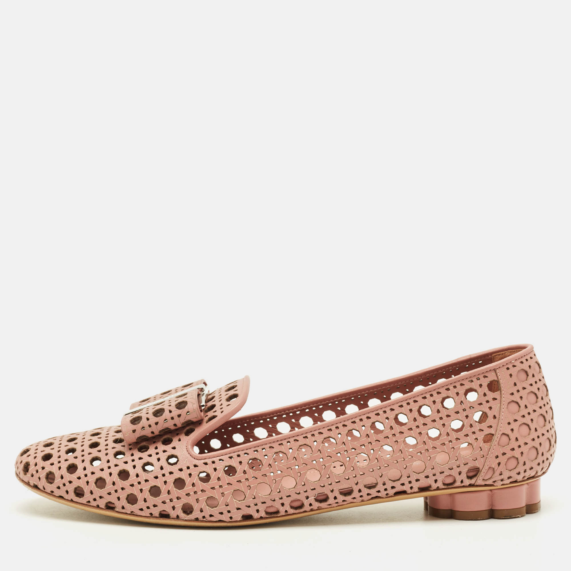 Pre Owned Salvatore Ferragamo Vara Bow Size 40.5 Pink Leather Lasercut Accents Ballet Flats