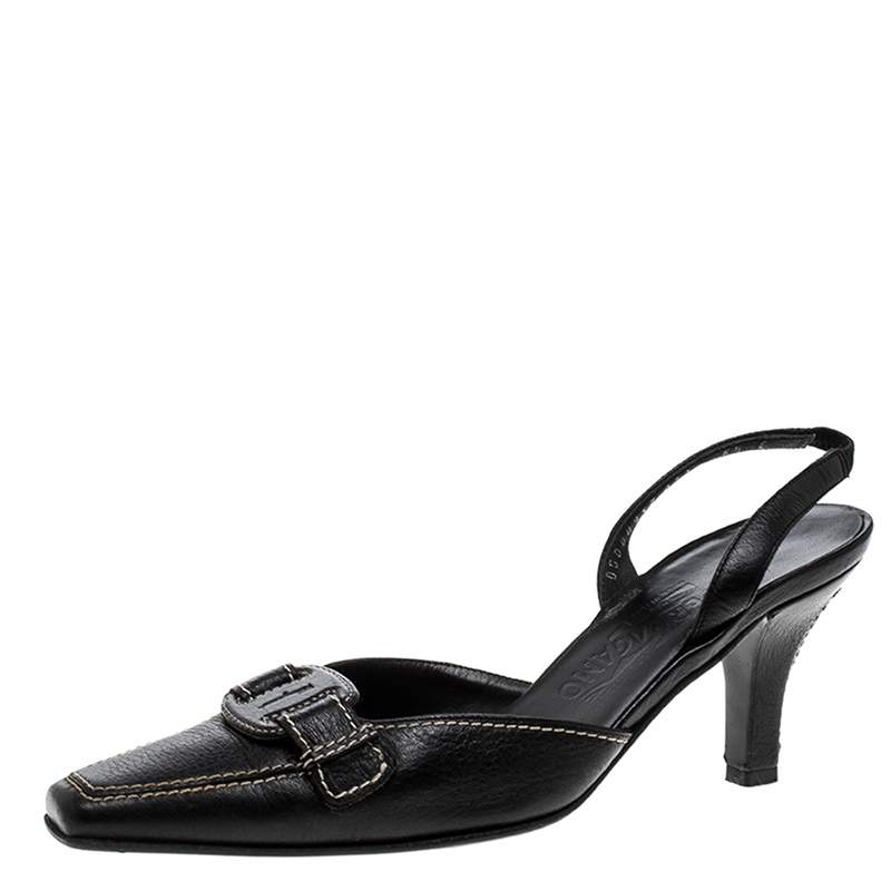 Salvatore Ferragamo Black Leather Slingback Sandals Size 37
