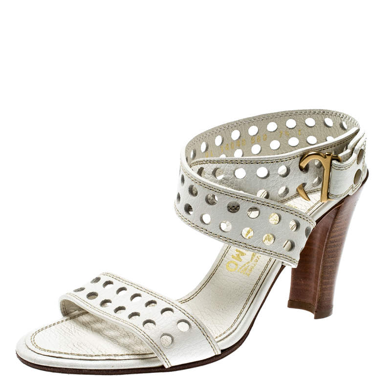 Pre Owned Salvatore Ferragamo White Perforated Leather Ankle Wrap Sandals Size 38