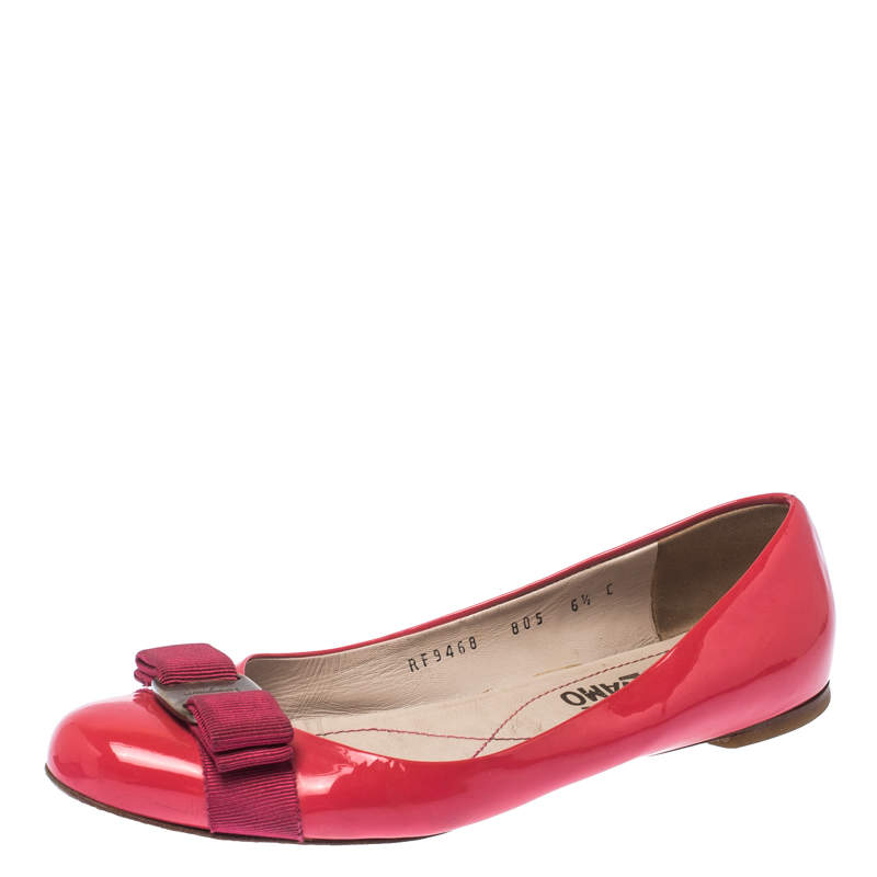Salvatore Ferragamo Pink Patent Leather Vara Bow Ballet Flats Size 37 ...