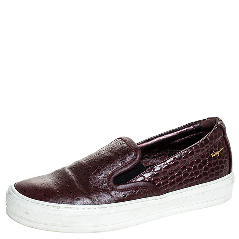 Pre Owned Salvatore Ferragamo Burgundy Croc And Ostrich Embossed Leather Pacau Slip On Sneakers Size 38.5