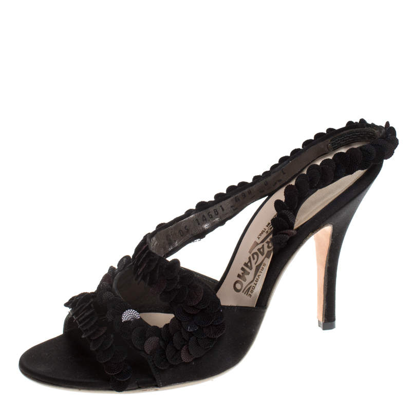 Salvatore Ferragamo Black Satin and Sequins Lucente Sandals Size 38.5