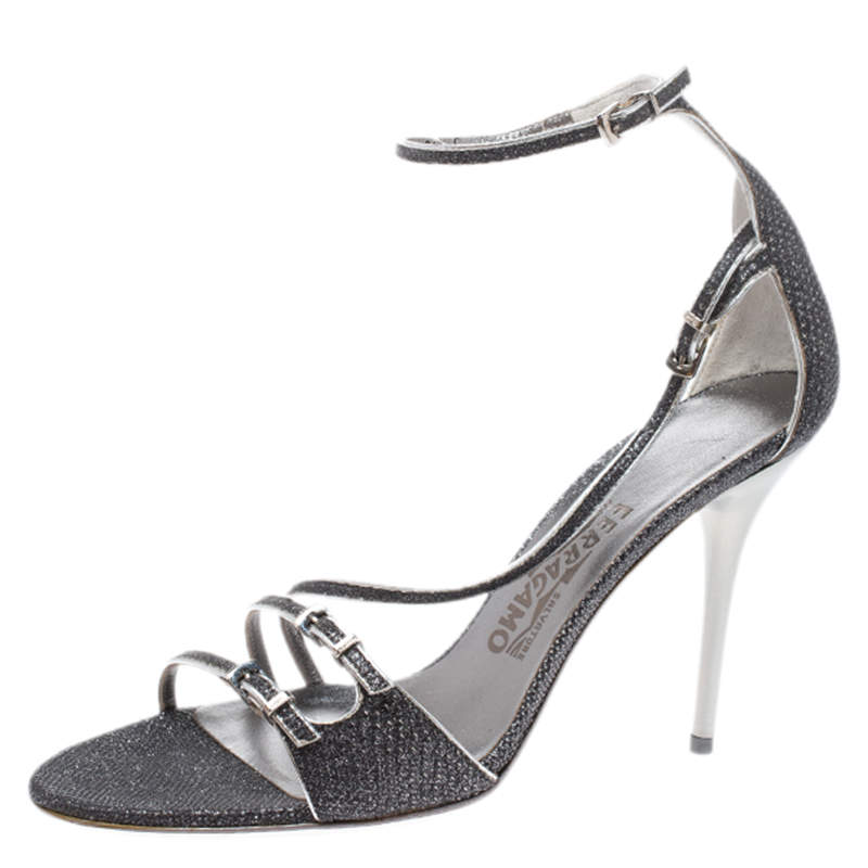 Salvatore Ferragamo Grey/Silver Glitter Lizard Buckle Detail Open Toe Sandals Size 39