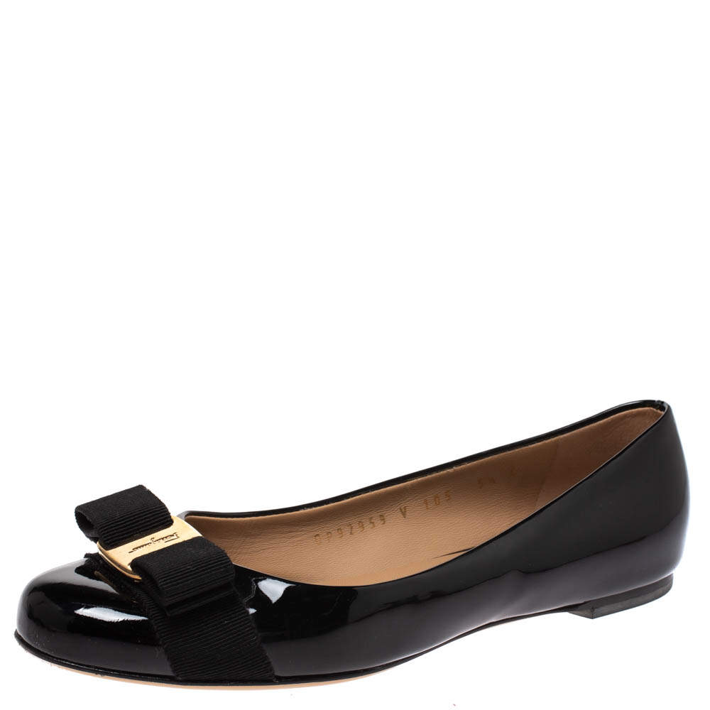 Pre Owned Salvatore Ferragamo Black Patent Leather Vara Bow Ballet Flats Size 36