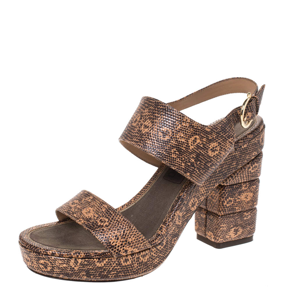 Salvatore Ferragamo Black/Peach Snakeskin Embossed Leather Madrina Platform Sandals Size 39