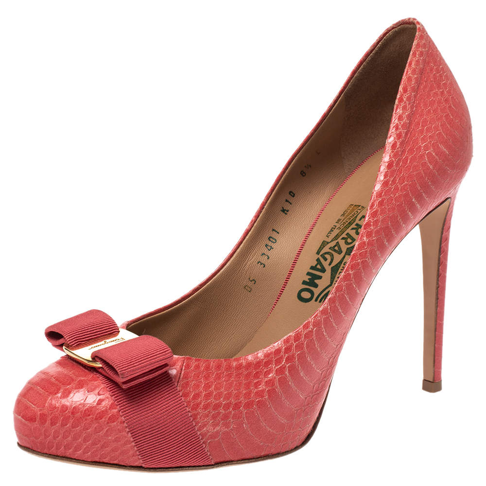 Pre Owned Salvatore Ferragamo Pink Python Embossed Leather Carla Vara Bow Pumps Size 39
