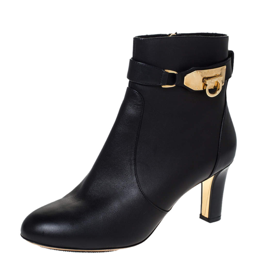 Pre Owned Salvatore Ferragamo Black Leather Gancini Lock Ankle Boots Size 38.5