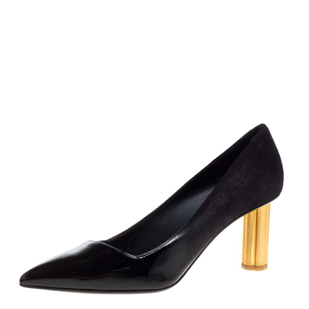 Pre Owned Salvatore Ferragamo Black Suede and Patent Leather Golden Heels Pointed Toe Pumps Size 38.5