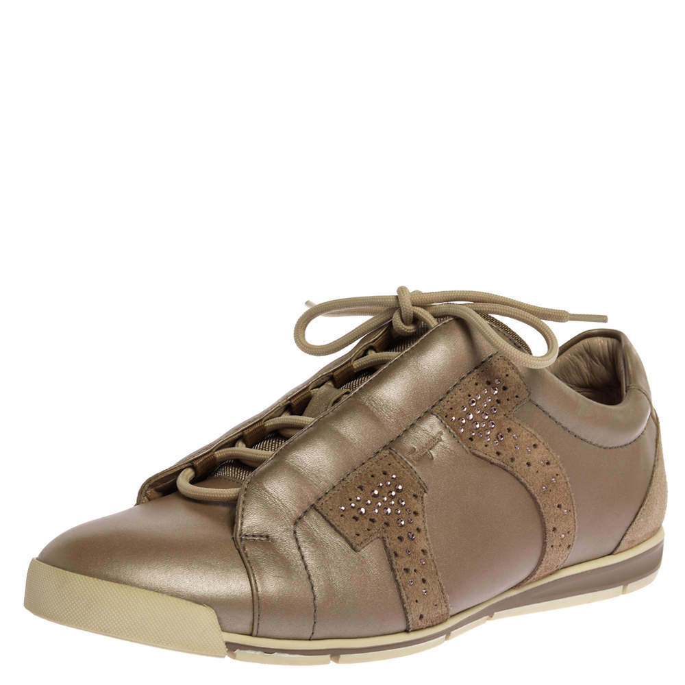 Salvatore Ferragamo Beige Leather and Suede Crystal Embellished Low Top Sneakers Size 39.5