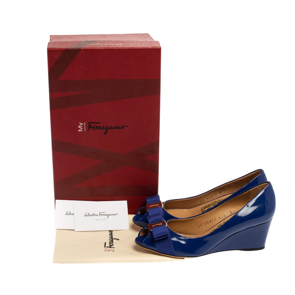 Salvatore Ferragamo Blue Patent Leather Vara Bow Wedge Peep Toe Pumps Size  36.5 Salvatore Ferragamo