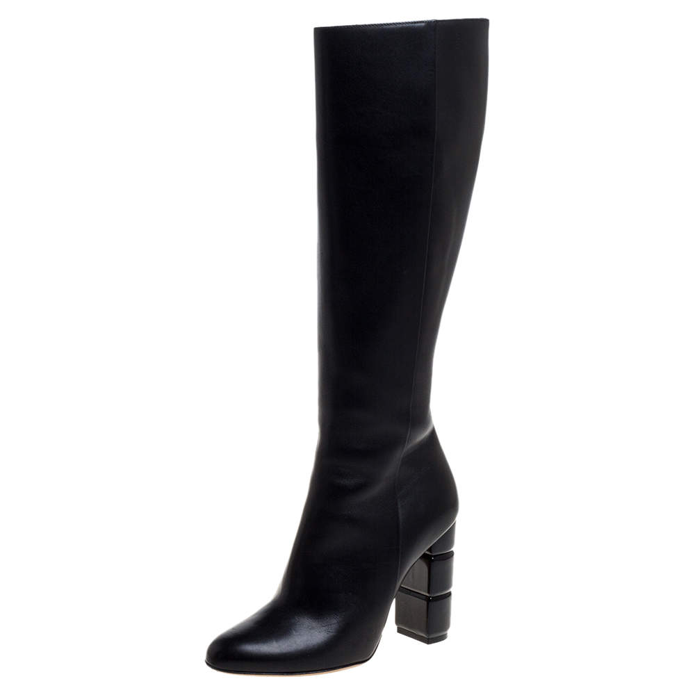 Pre Owned Salvatore Ferragamo Black Leather Leon Knee Length Boots Size 38.5