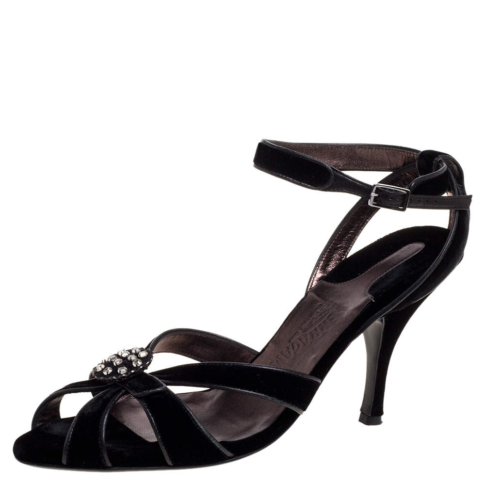 Salvatore Ferragamo Black Velvet Embellished Strappy Sandals Size 40.5