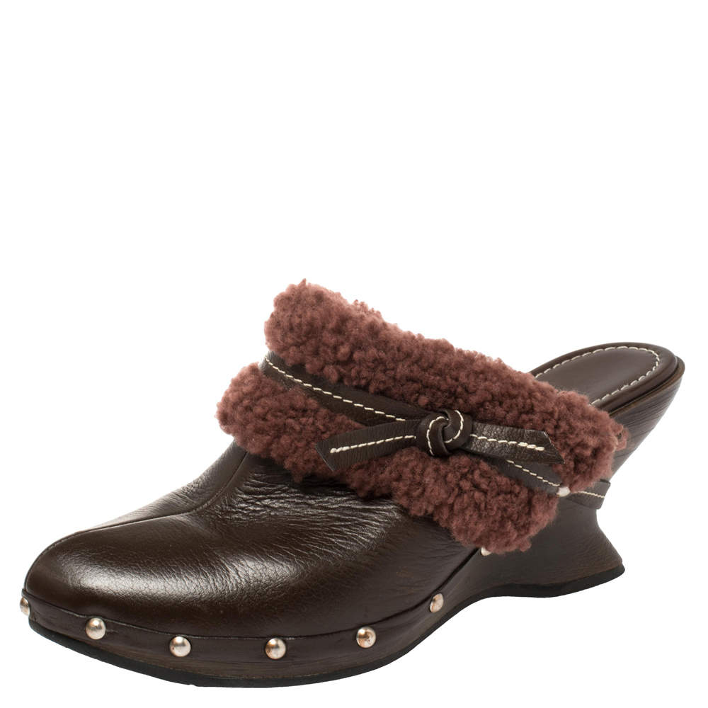 Salvatore Ferragamo Brown Leather And Faux Fur Studded Clog Mules Size 38.5