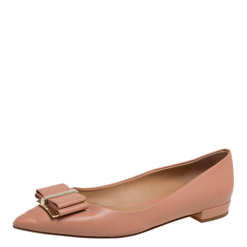 Salvatore Ferragamo Beige Leather Zeri Pointed Toe Ballet Flats