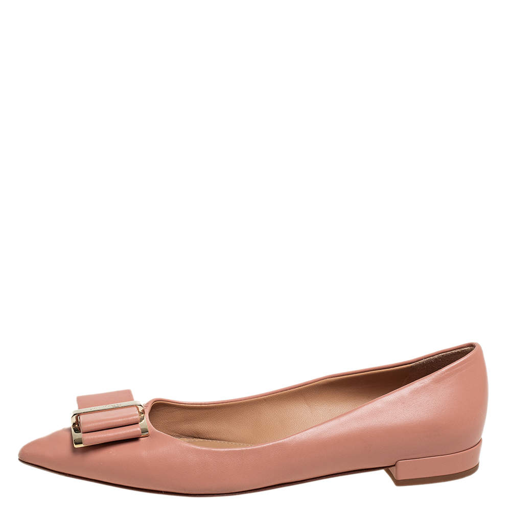 Salvatore Ferragamo Beige Leather Zeri Pointed Toe Ballet Flats