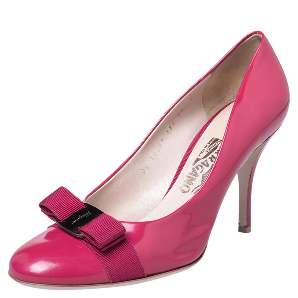 Salvatore Ferragamo Pink Leather Vara Bow Pumps Size 40.5