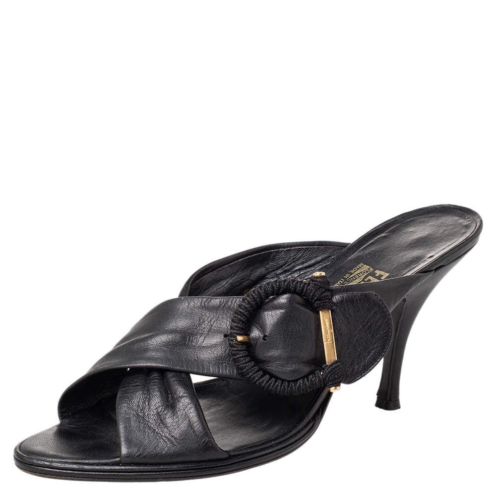 Salvatore Ferragamo Black Leather Mule Sandals Size 40.5