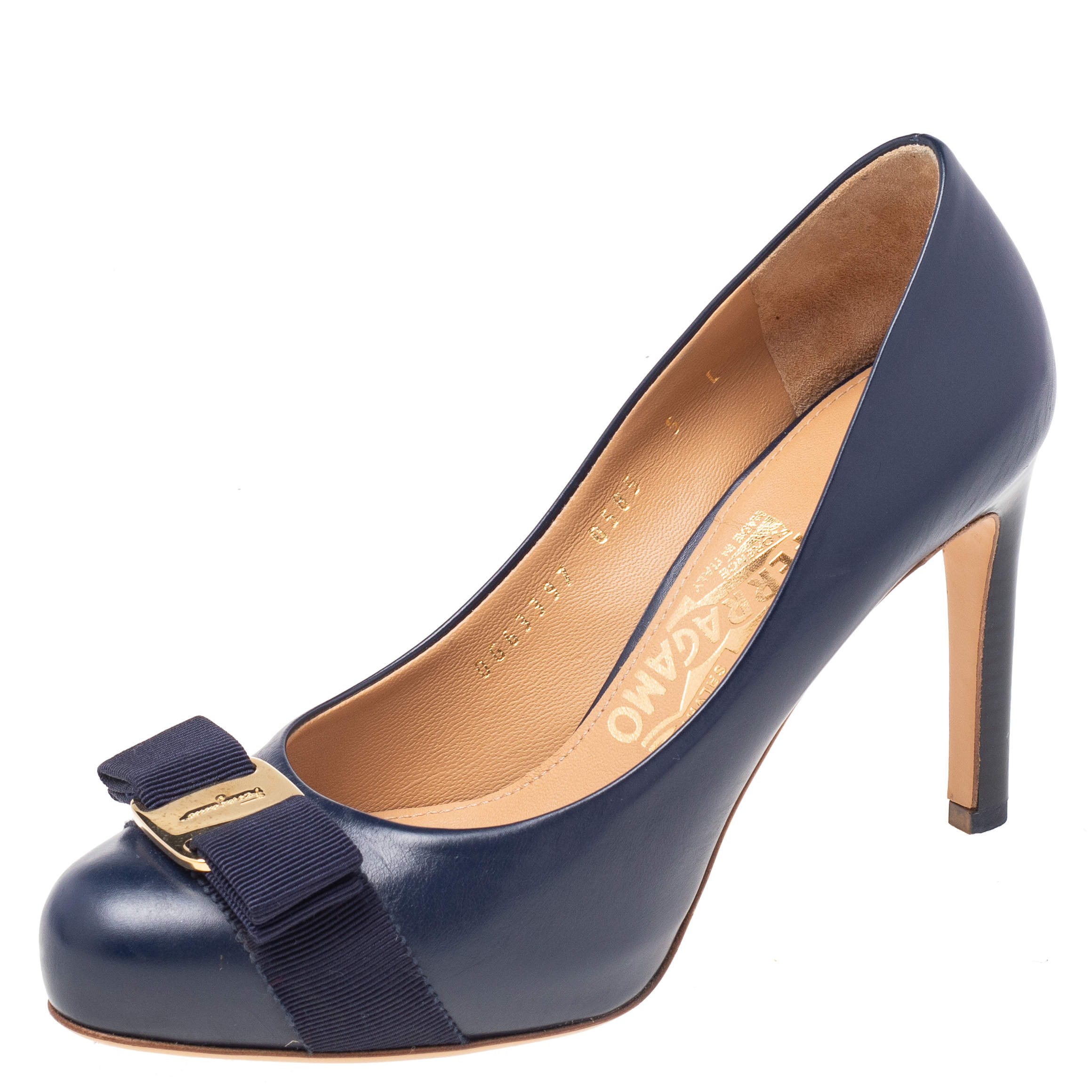 Pre Owned Salvatore Ferragamo Navy Blue Leather Pimpa Vara Bow Pumps Size 35.5