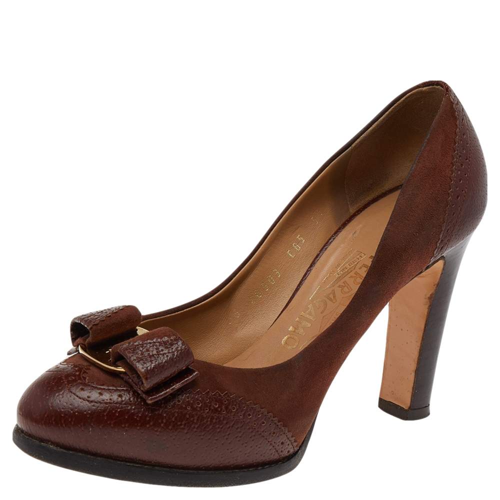 Salvatore Ferragamo Brown Leather Vara Bow Pumps Size 36