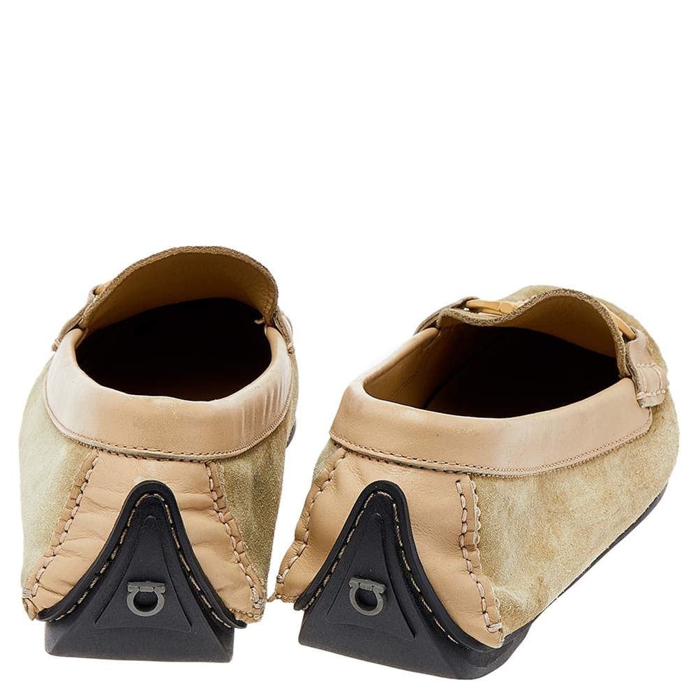 Pre Owned Salvatore Ferragamo Green/Beige Suede And Leather Gancini Bit Slip On Loafers Size 39.5
