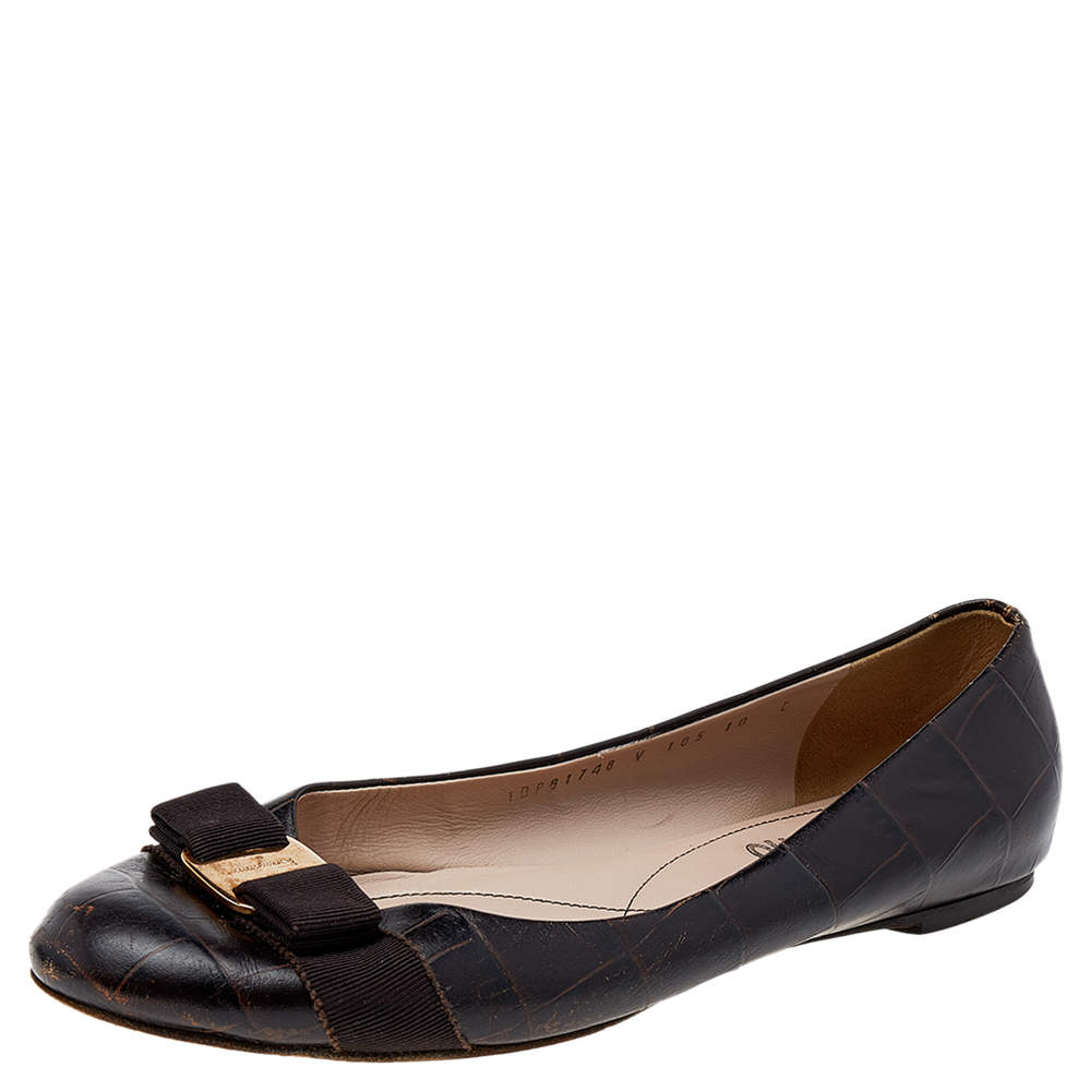 Pre Owned Salvatore Ferragamo Dark Brown Leather Varina Bow Flats Size 40.5