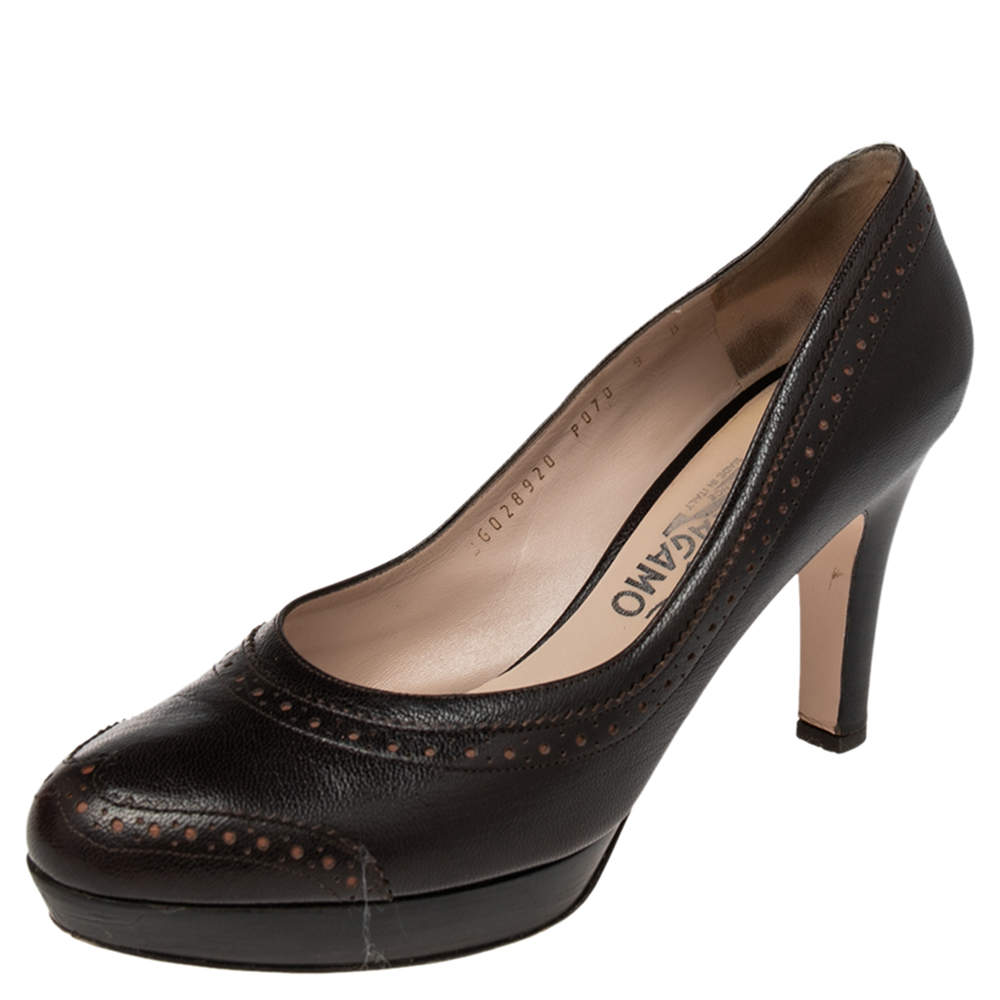 Pre Owned Salvatore Ferragamo Brown Leather Brogue Slip On Pumps Size 39.5