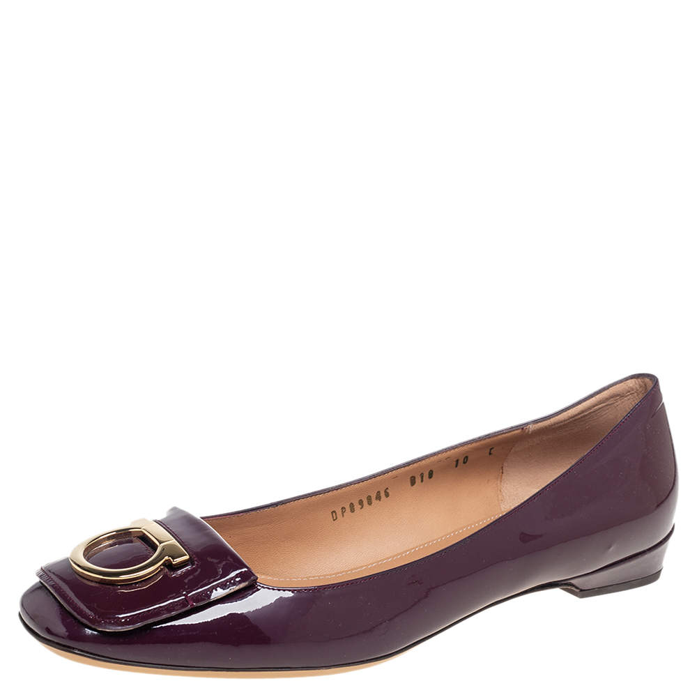 Salvatore Ferragamo Purple Patent Leather Rebi Gancio Ballet Flats Size 40.5