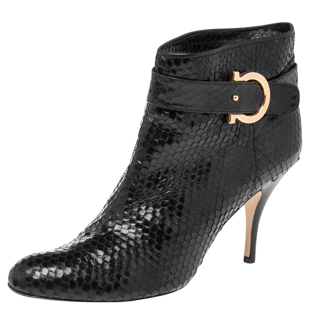 Pre Owned Salvatore Ferragamo Black Python Embossed Leather Ankle Boots Size 41.5