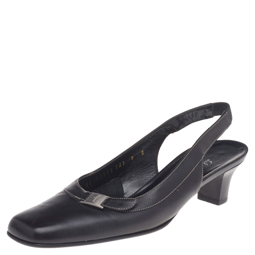 Pre Owned Salvatore Ferragamo Black Leather Square Toe Slingback Pumps Size 38.5