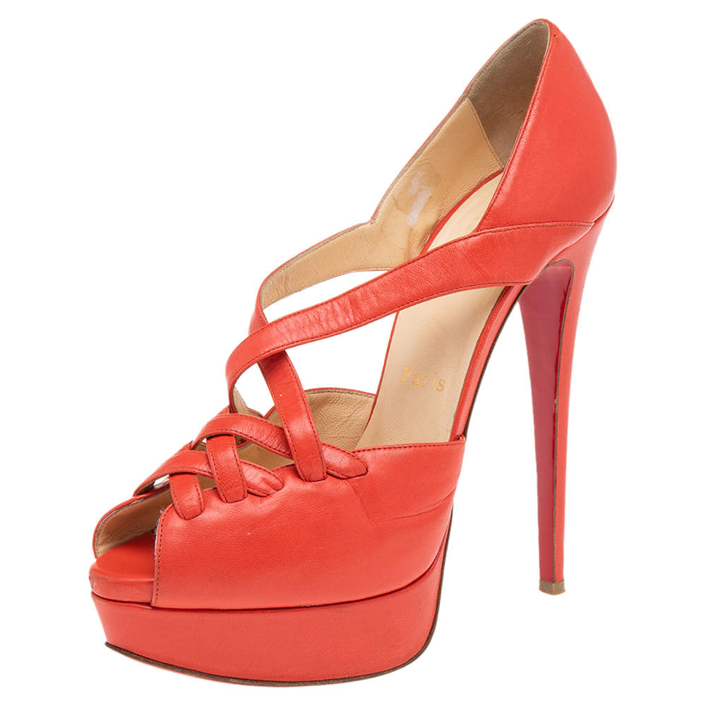 Christian Louboutin Orange Leather Platform Sandals Size 38 