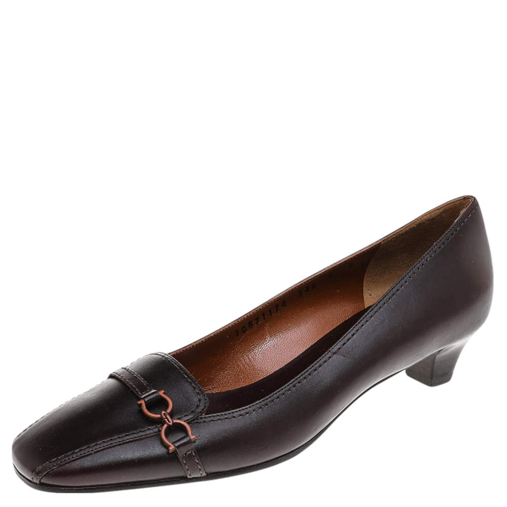 Pre Owned حذاء كعب عالى سالفاتورى فيراغامو جلد بنى داكن مقاس 38.5 