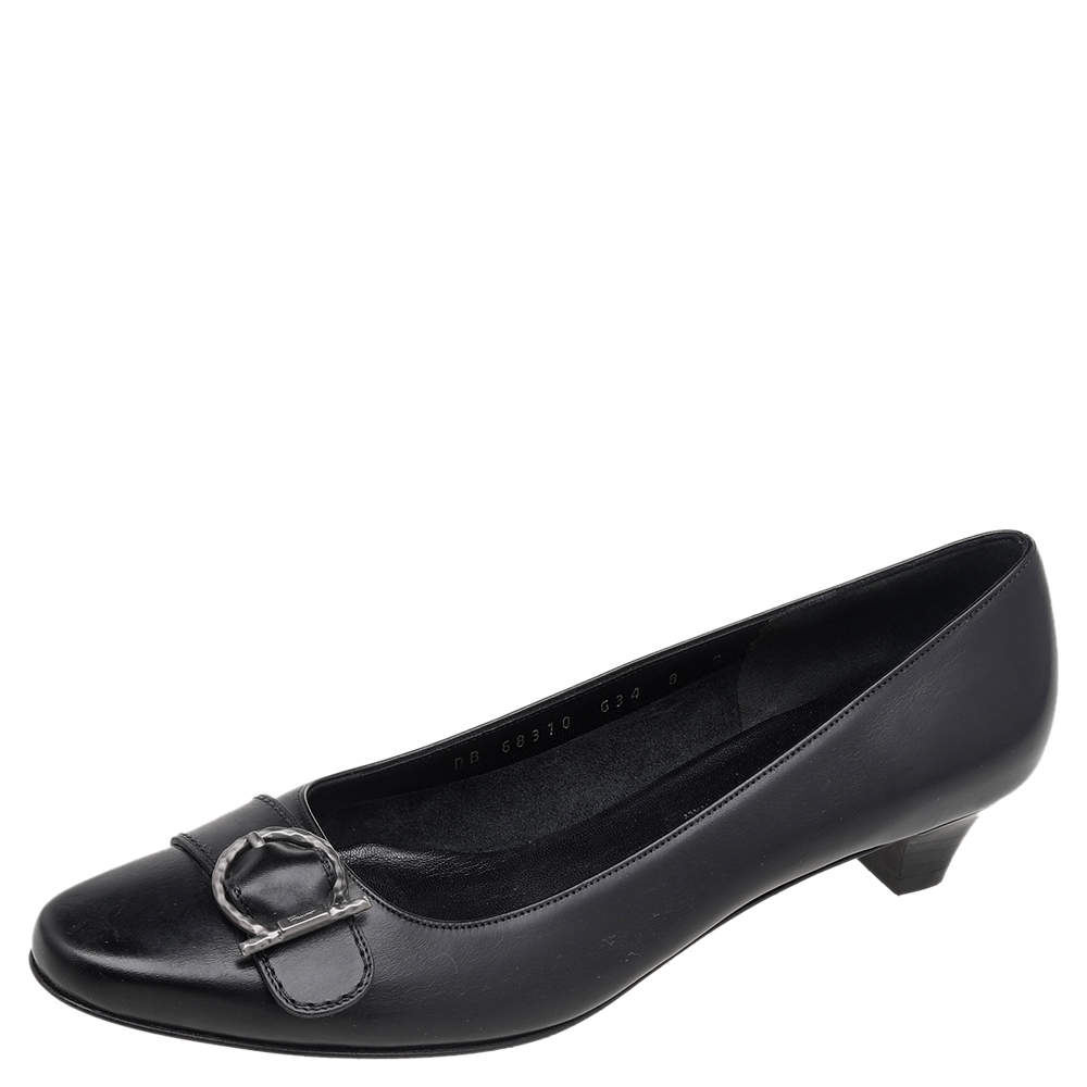 Pre Owned حذاء كعب عالى سالفاتورى فيراغامو كعب عريض إبزيم غانشى جلد أسود مقاس 38.5